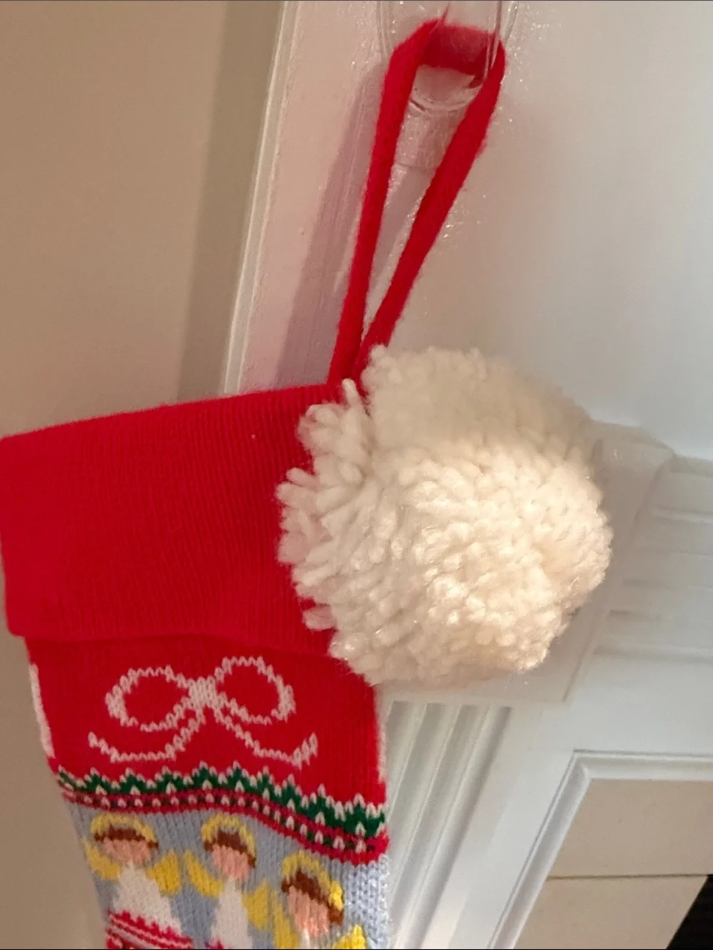 Vintage 1983 Hallmark Angels Hearts Bow Knit Red  Christmas Stocking Pom Pom